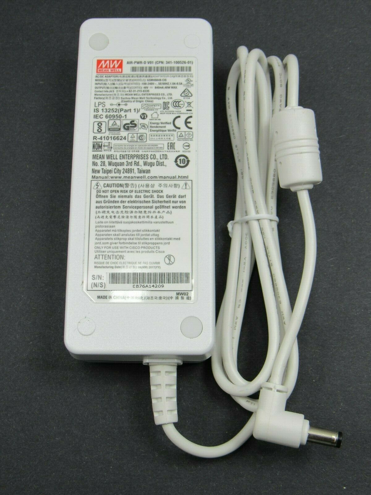 NEW MW Mean Well GSM40A48-CIS 48V 840mA AC DC Adapter Air-PWR-D V01 CPN: 341-100526-01
